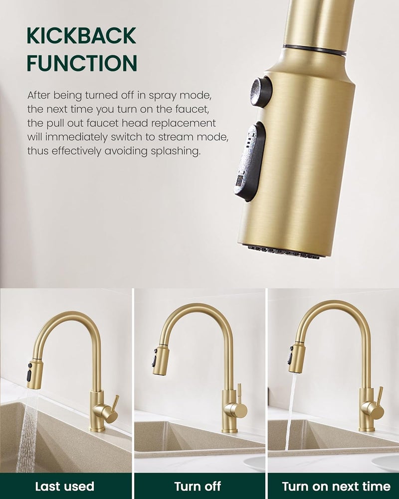 HEISOK Pull Down Spray Head for Kitchen Sink, Replacement with 15 Adapters, 3 Function Pull Out Faucet Sprayer Nozzle, Brushed Gold - Image 3